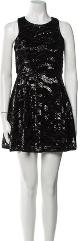 Milly A-Line Dress Black Sequin Embellishments Sleeveless with Crew Neck Exposed Zip Closure at Back Designer