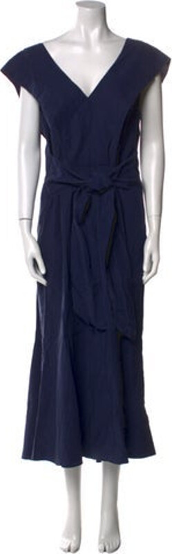 Vince Silk Dress Blue Pleated & Bow Accents Short Sleeve with V-Neck Concealed Zip Closure at Side