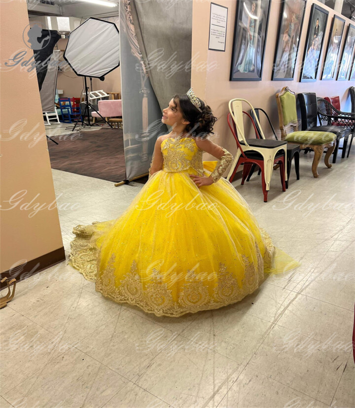 gdybao Light Yellow Full Sleeves Girls Elegant Dresses Tulle Lace Long Prom Baby Party Bespoke Occasion Kids Holy Communion Gown