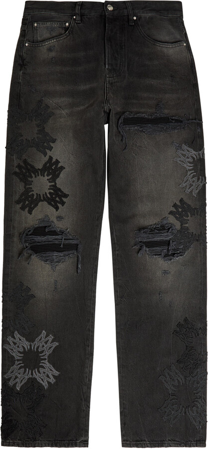 Amiri Distressed Logo-appliquéd Straight-leg Jeans