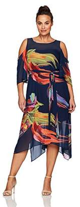 Robbie Bee Women's Plus Size Printed Chiffon Hanky Hem Dress With Cold Shoulder