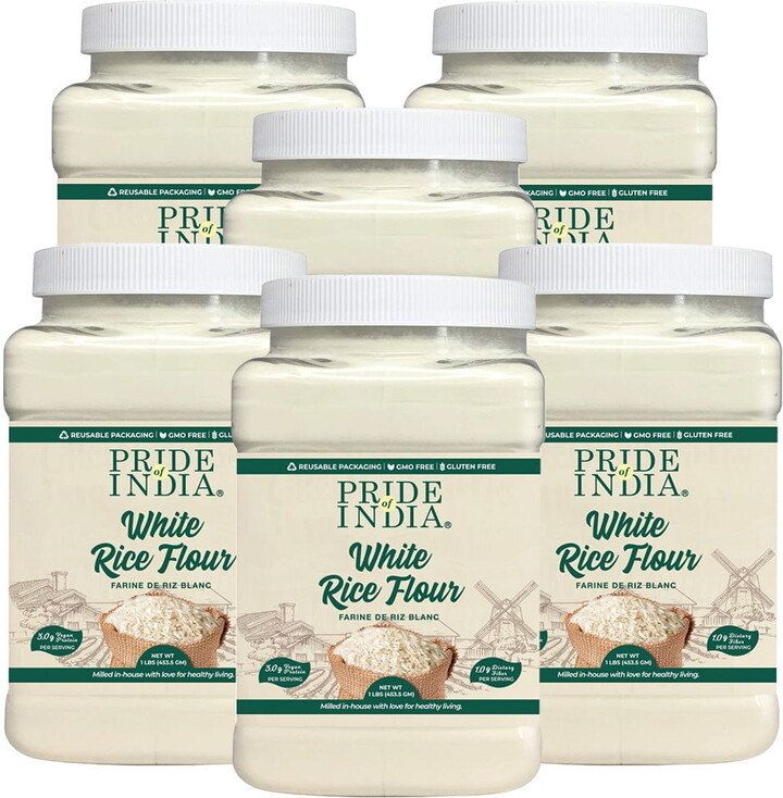 Pride of India - PACK of 6 - White Rice Flour 1 lbs (454 gm) Mild Slightly Sweet Neutral Taste Freshly Milled in Small Batches | Used for Cooking Baking Coating Thickening Pancakes Noodles Pudding
