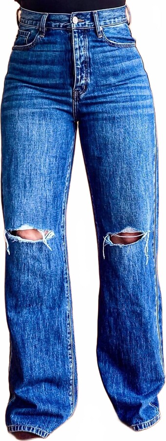 Kancan 90'S Wide Leg Flare Denim Jeans In Mid Wash