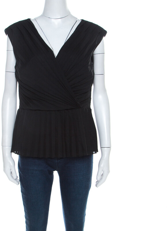 Escada Black Crepe Sleeveless Pleated Peplum Blouse L