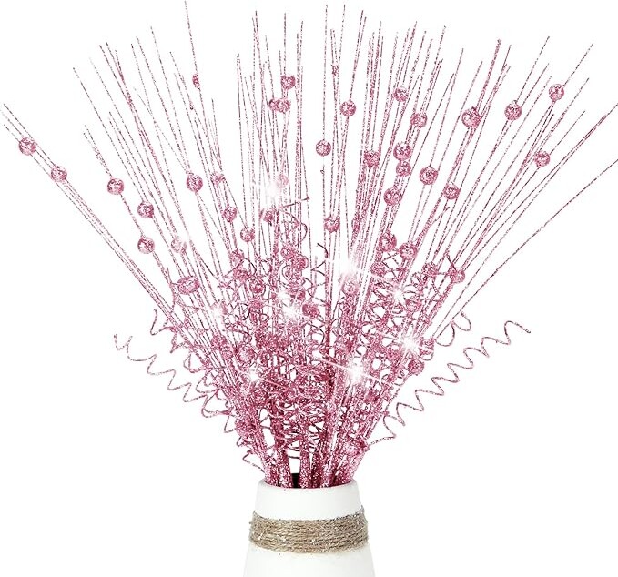 16Pcs Glitter Christmas Tree Picks Curly Sprays Sparkle Artificial Berry Stems Twigs 17" Ting Branches Vase Fillers Decorative Sticks for Xmas Tree Decorations Winter Wreath DIY Crafts (16, Pink)