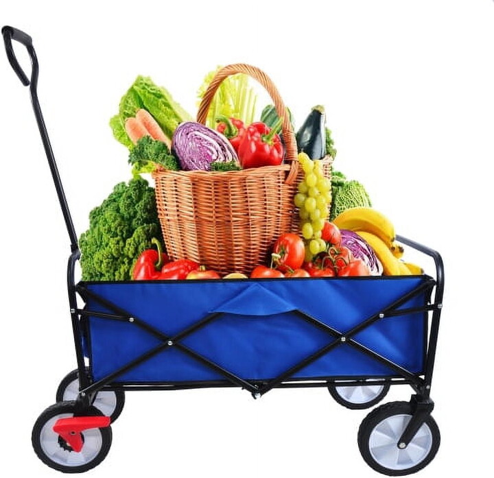 Derzers Folding Wagon Cart Collapsible Outdoor Utility Wagon Heavy Duty Garden Carts Portable Grocery Wagon Adjustable Handle Beach Camping Wagon Carts with Cup Holders for Sports Shopping Garden, Blue