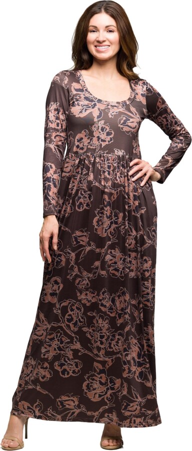 24seven Comfort Apparel Women's Brown Blush Floral Long Sleeve Dress
