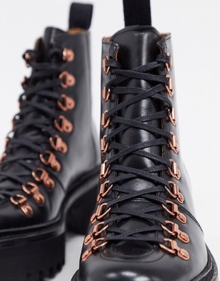 Grenson Nanette black leather chunky hiker boots with rose gold hardware