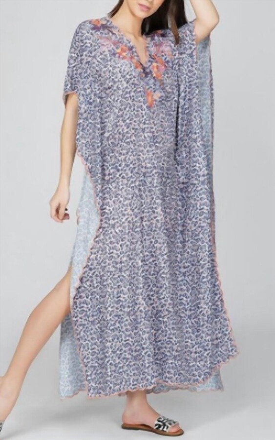AMERICA & BEYOND Night Sky Animal Print Kaftan In Blue/white/coral