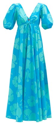 STAUD Amarettis V-neck Floral-print Cotton-blend Dress - Blue Print