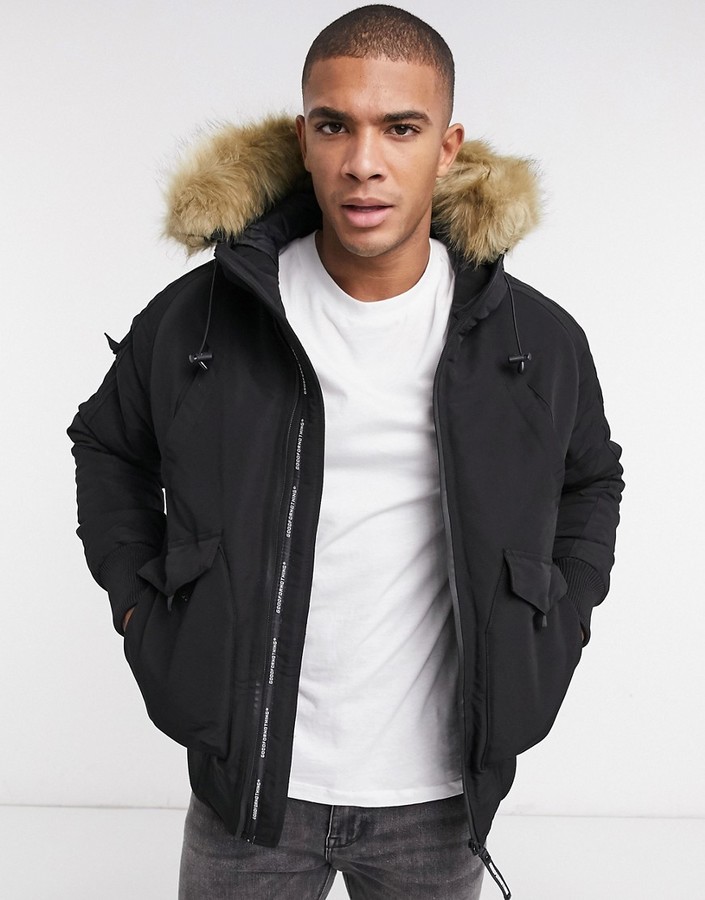 mens black bomber jacket with fur hood
