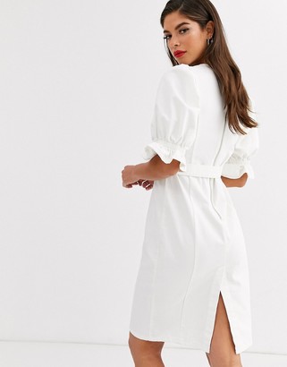 Asos Tall ASOS DESIGN Tall denim midi dress with puff sleeve in white