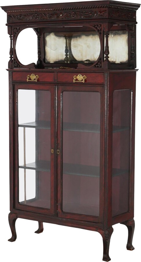 1stDibs Antique Carved Mahogany Two-door & Two-drawer Mirrored China Cabinet C1910