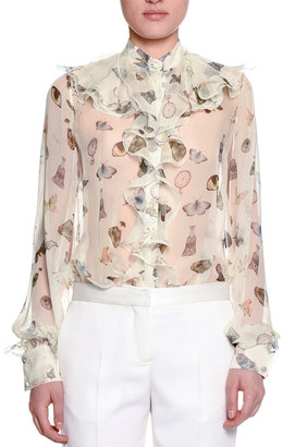Alexander McQueen Obsessions Ruffled-Trim Blouse, White/Mix
