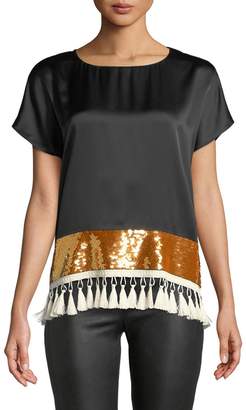 Sachin + Babi Rustem Silk Short-Sleeve Sequin Tassel Top
