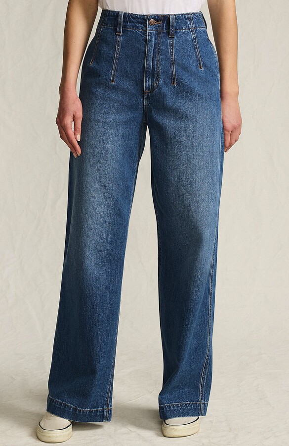 Petite Soft Denim High Rise Wide Leg Top Stitch Trousers