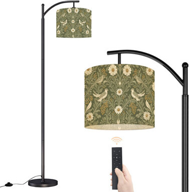 Latitude Run Arc Floor Lamp Vintage Birds Floral White Daisies Green Foliage Seamless Botanical Floor Lamps with Remote LED Lights Adjustable Lamp Shades Tall Stan