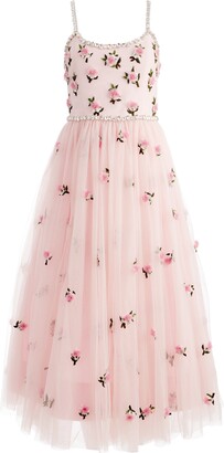 Alice + Olivia Lupita Crystal Strap Embellished Tulle Midi Gown