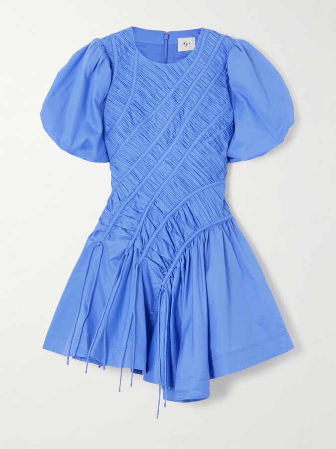 Aje Wisteria Asymmetric Ruched Pleated Cotton-poplin Mini Dress - Blue