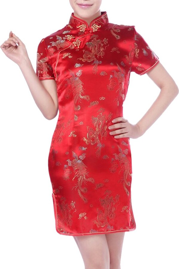 UK Gold Dragon & Phoenix Chinese Short Evening Party Dress Cheongsam fast post