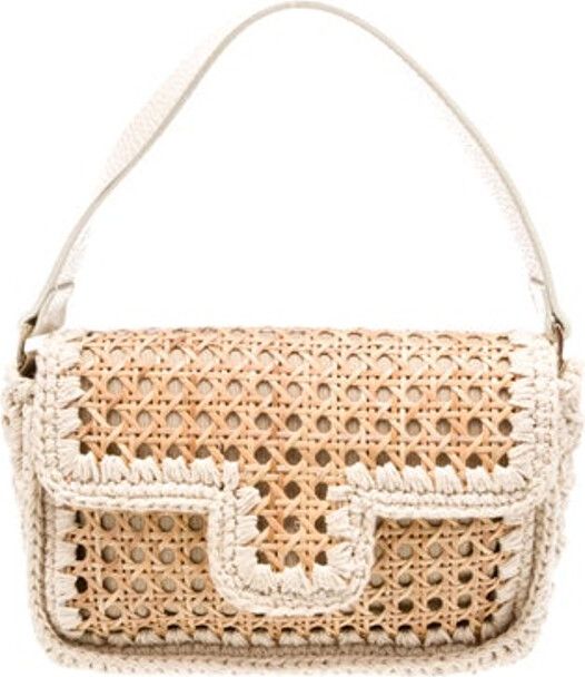 Caterina Bertini Shoulder Bag Brown Raffia Printed Gold-Tone Hardware Leather Trim Flat Handle & Single Shoulder Strap Leather Trim Embellishment Grosgrain Lining & Single Interior Pocket Snap Closure at Front