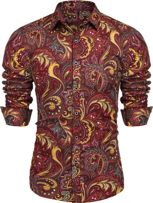 JINIDU Men's Floral Dress Shirt Casual Paisley Printed Shirt Long Sleeve Button Down Shirts(Red