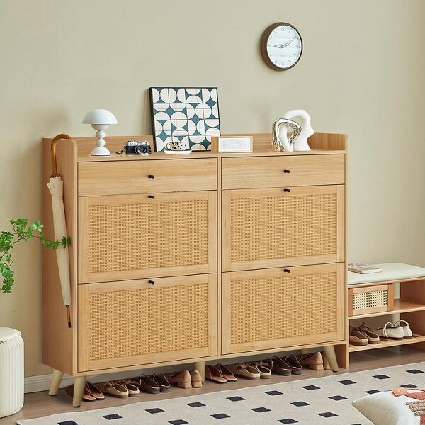 Jojoka RattanShoeCabinetStorageLargeShoeCabinetFreestandingOrganizerwithWoodLegsand4FlipDrawers