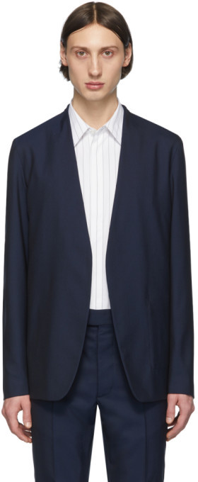 navy collarless blazer