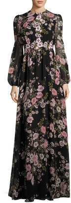 Giambattista Valli Long-Sleeve Anemone-Print Gown, Black