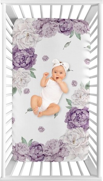 Sweet Jojo Designs SweetJojoDesignsGirlPhotoOpFittedCribSheetPeonyFloralGardenPurpleIvory