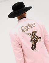 Thumbnail for your product : ASOS DESIGN slim suit jacket in pink faux suede with western embroidery