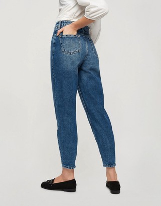 Miss Selfridge mom high waist tapered jeans in dark blue wash - ShopStyle