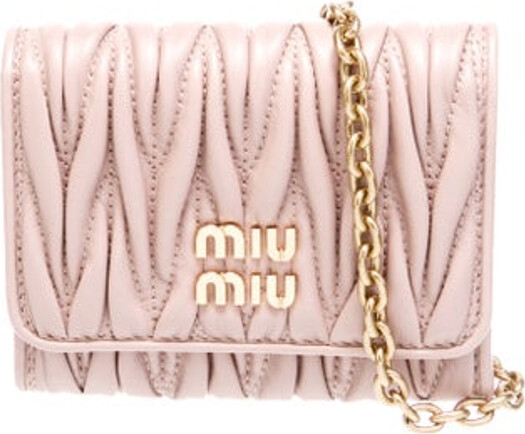 Miu Miu Shoulder Bag By Miuccia Prada Pink Lambskin Graphic Print Gold-Tone Hardware Chain-Link Shoulder Straps Chain-Link Accents Leather Lining with Card Slots Snap Closure at Front Includes Box