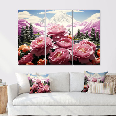 Design Art Pink Anemones Pink Mountains - Floral Wall Art Decor Set