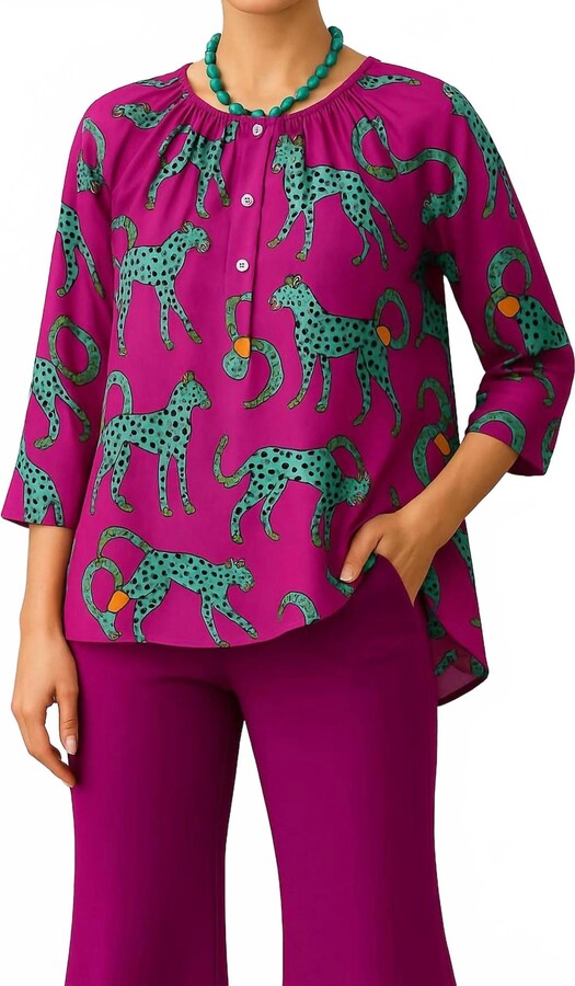 Diva USA Round Neck Button Up Knit Top In Magenta Cheetah Print