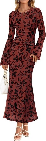 LEVEN SIXTEEN LEVENSIXTEENRustFloralBodyconMaxiDressRuchedMeshforWeddingGuestRust-X-LargeX-Large
