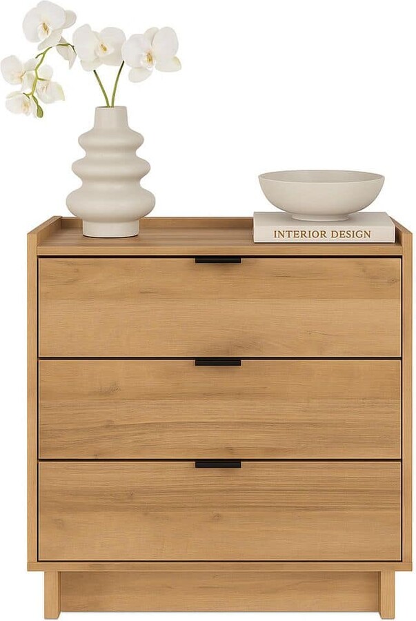 Prepac Simply Modern Natural Oak 3-Drawer 26.5 in. W Nightstand, White Night Stand for Bedroom, Nightstand Bedside Table