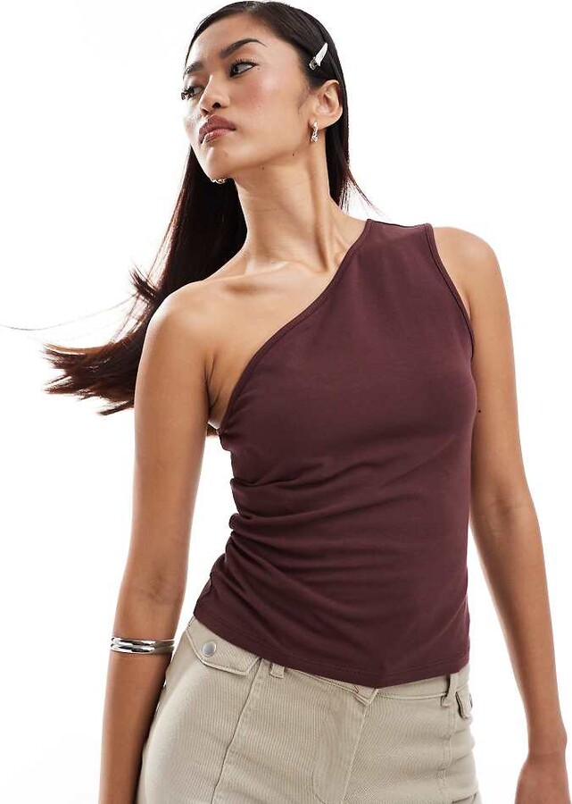 Weekday Cindy one shoulder top in burgundy exclusive to ASOS