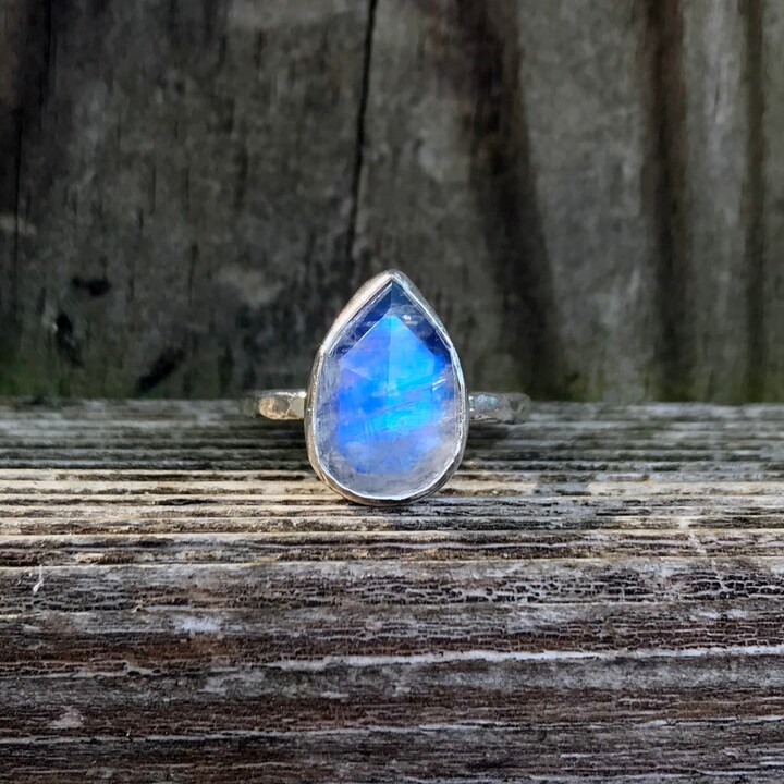 Etsy Rainbow Moonstone Teardrop Ring - Rose Cut Sterling Silver Stacking Blue