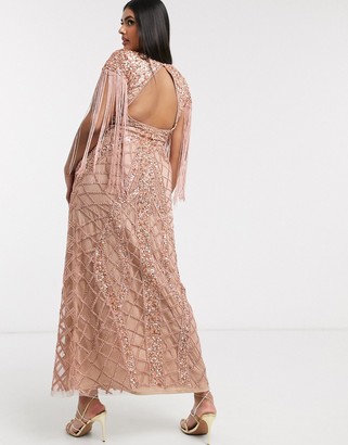 A Star Is Born Plus exclusive embellished maxi dress with fringe sleeves in rose gold