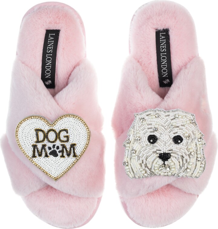 Laines London Classic Laines Slippers With Queenie The Bichon Frise & Dog Mum / Mom Brooches - Pink