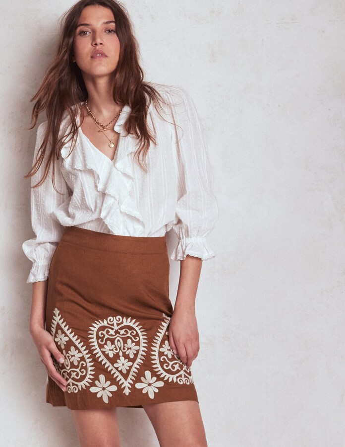 Boden Embroidered Linen Skirt Russet