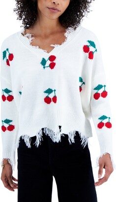 Just Polly Juniors' Frayed V-neck Cherry Pullover Sweater - ShopStyle