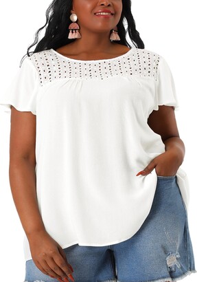 Agnes Orinda Women's Plus Size Summer T-shirt Round Neck Elegant Yoke  Eyelet Casual Solid Tops White 1X - ShopStyle