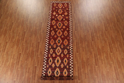 Rugsource Burgundy Red Moroccan Geometric Runner Rug Hand-Knotted 4X16