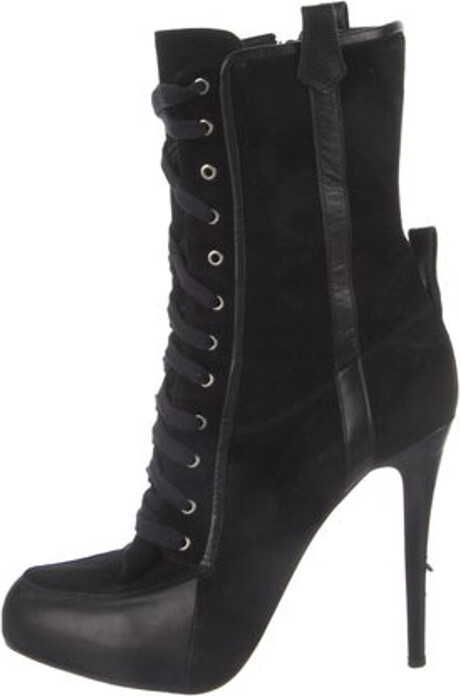 Christian Louboutin Suede Ankle Lace-Up Boots Black Leather Trim Semi-Pointed Toes with Leather Trim Embellishment Lace-Up Closure at Uppers Designer