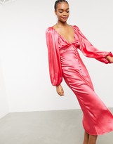Thumbnail for your product : ASOS DESIGN satin button through tie back midi tea dress with shirring detail in hot pink