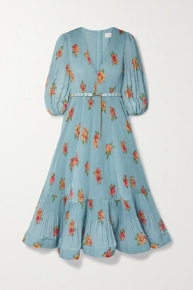 Zimmermann Belted Floral-print Plissé-organza Midi Dress - Blue