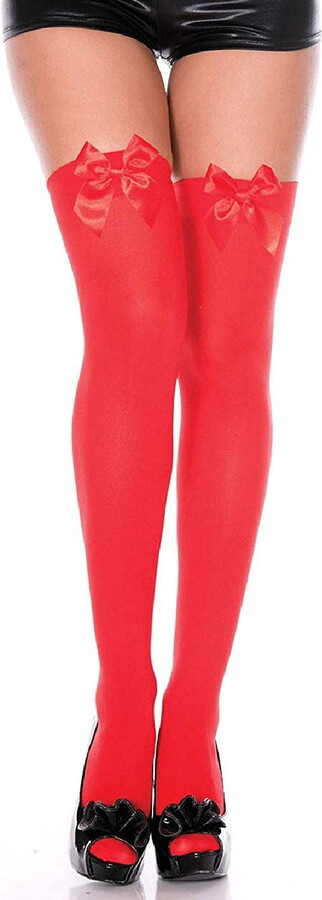 Music Legs Women’s Opaque Thigh Highs with Satin Bow 4742-RED