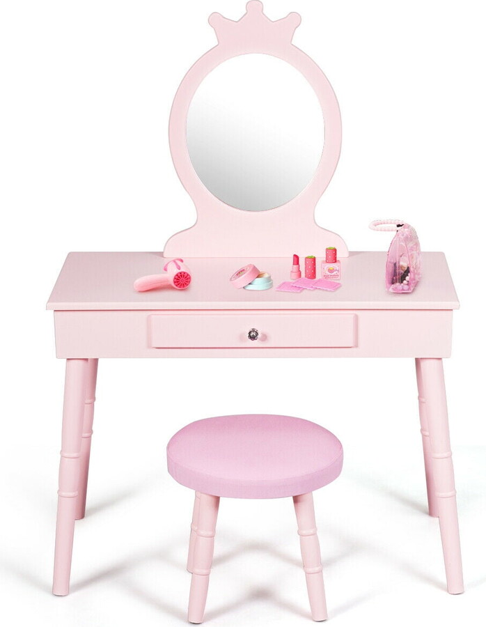 Gymax Kids Vanity Makeup Table & Chair Set Make Up Stool Play Set for Children Pink